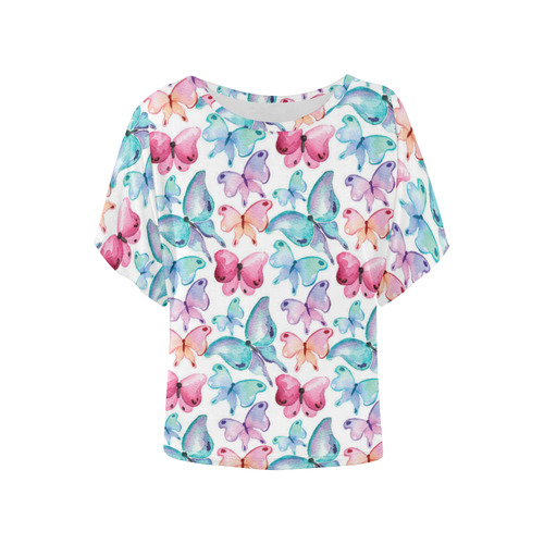 Watercolor Colorful Butterflies Women's Batwing-Sleeved Blouse T shirt (Model T44)