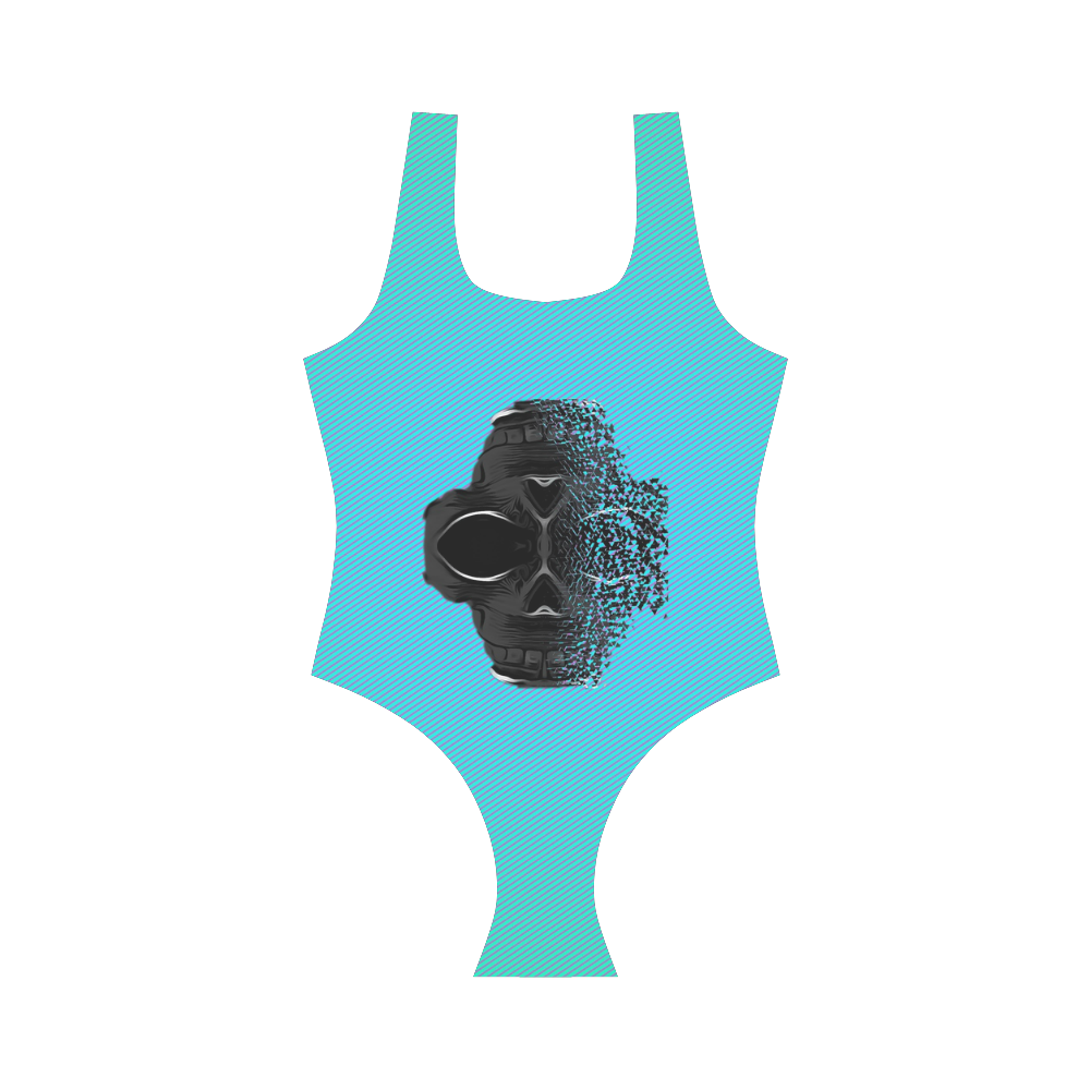 fractal black skull portrait with blue abstract background Vest One Piece Swimsuit (Model S04)