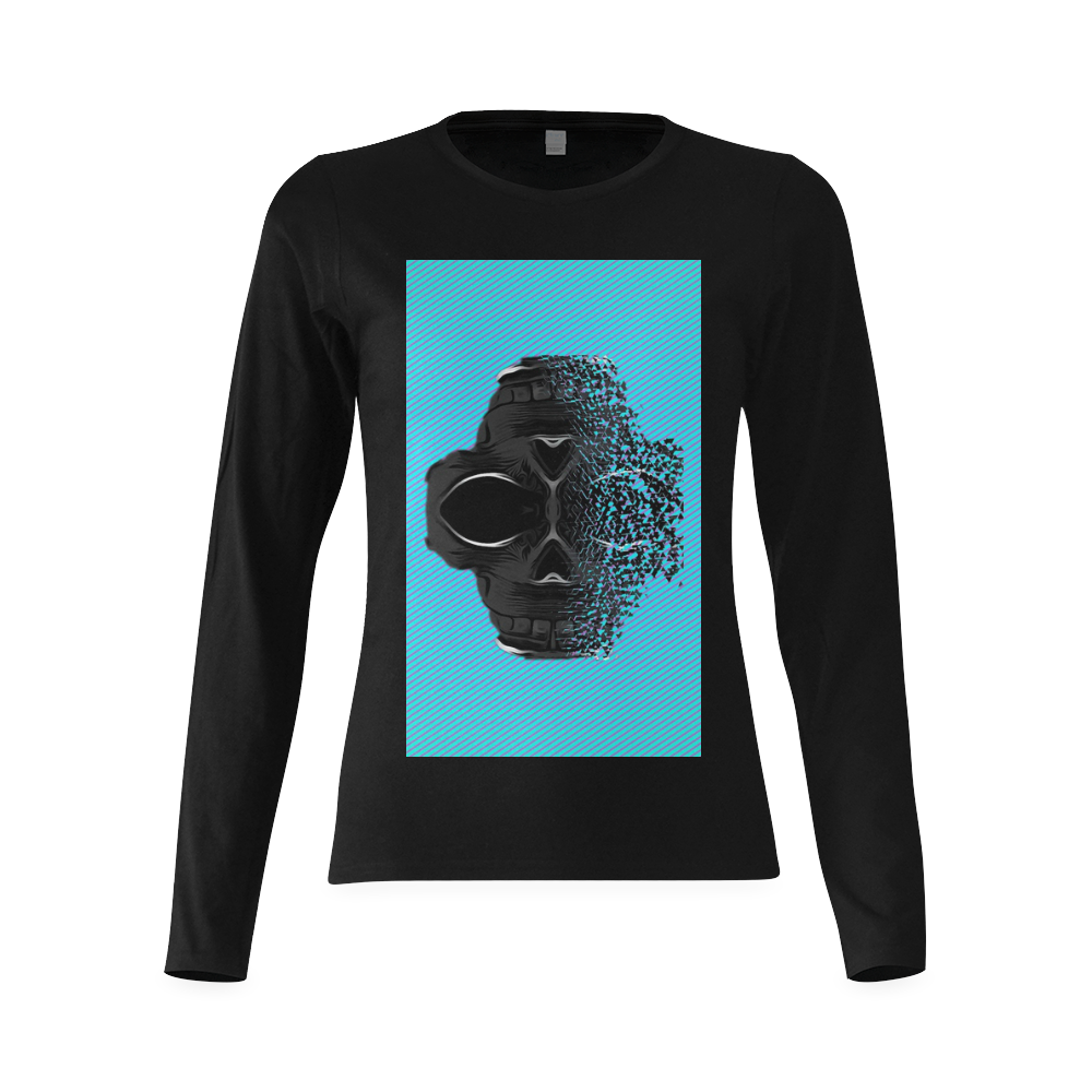 fractal black skull portrait with blue abstract background Sunny Women's T-shirt (long-sleeve) (Model T07)