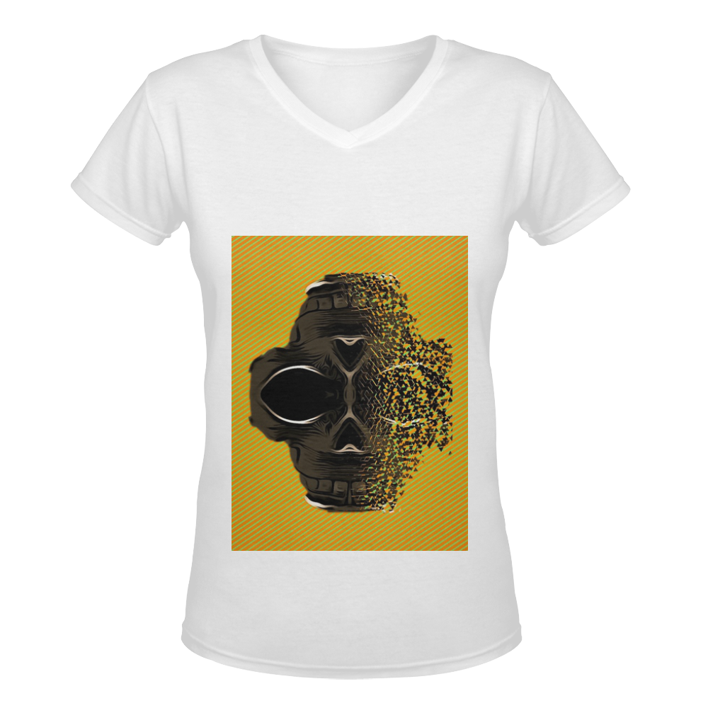 fractal black skull portrait with orange abstract background Women's Deep V-neck T-shirt (Model T19)