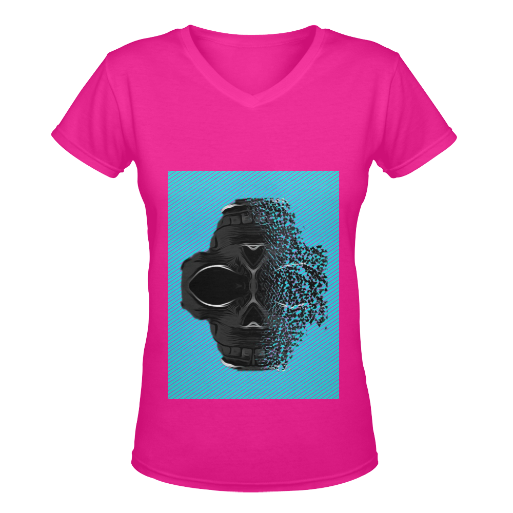fractal black skull portrait with blue abstract background Women's Deep V-neck T-shirt (Model T19)
