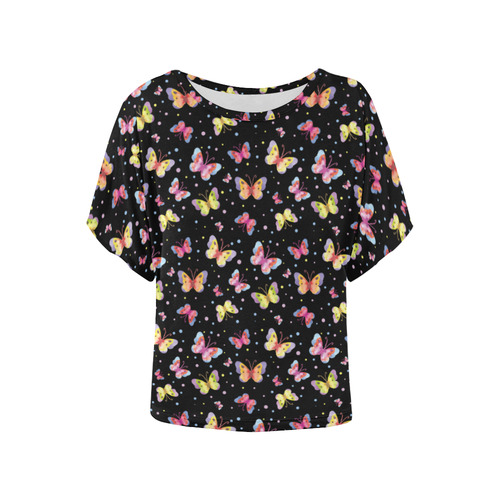 Watercolor Butterflies Black Edition Women's Batwing-Sleeved Blouse T shirt (Model T44)