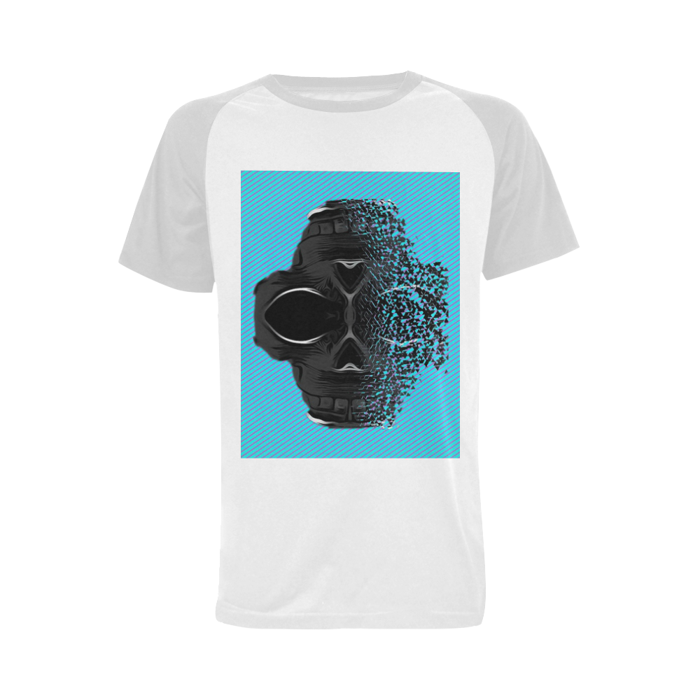 fractal black skull portrait with blue abstract background Men's Raglan T-shirt Big Size (USA Size) (Model T11)
