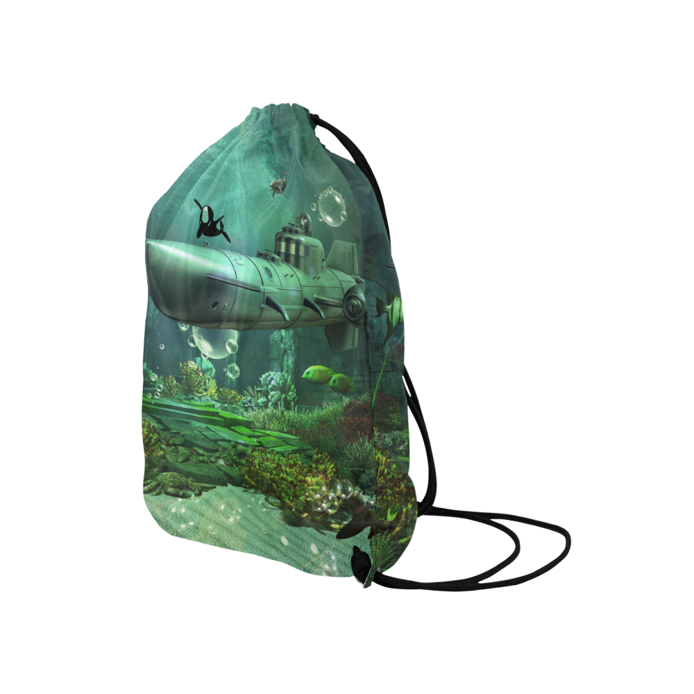 Awesome submarine with orca Medium Drawstring Bag Model 1604 (Twin Sides) 13.8"(W) * 18.1"(H)