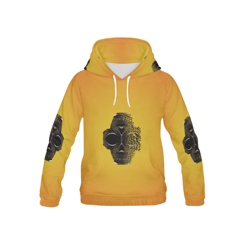 fractal black skull portrait with orange abstract background All Over Print Hoodie for Kid (USA Size) (Model H13)