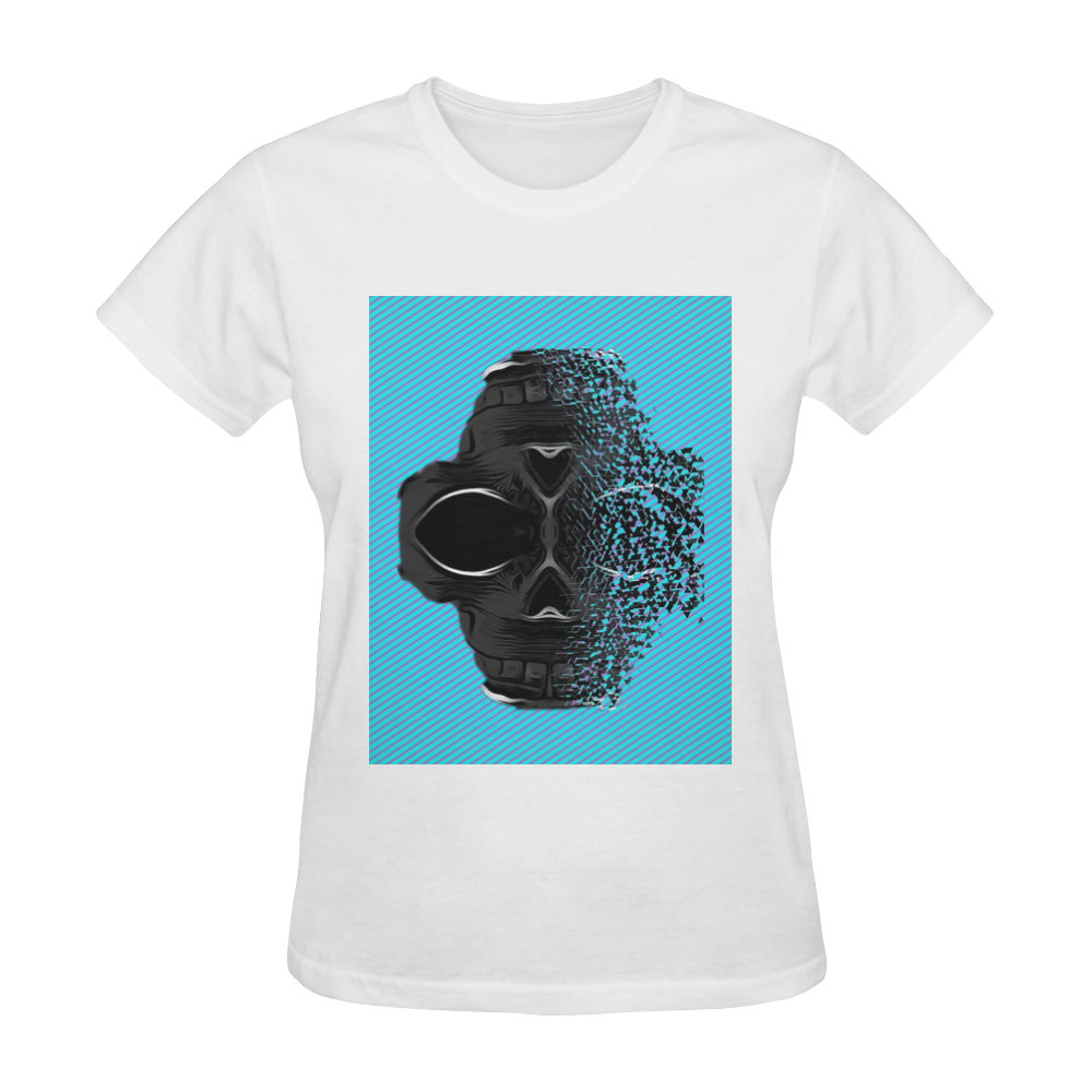 fractal black skull portrait with blue abstract background Sunny Women's T-shirt (Model T05)