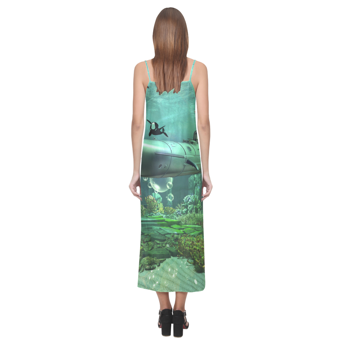 Awesome submarine with orca V-Neck Open Fork Long Dress(Model D18)