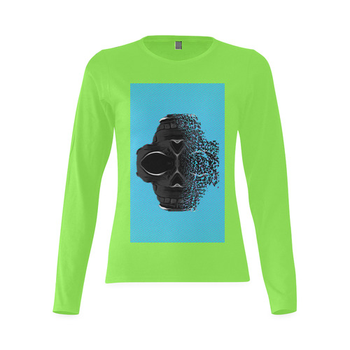 fractal black skull portrait with blue abstract background Sunny Women's T-shirt (long-sleeve) (Model T07)