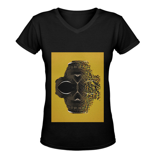 fractal black skull portrait with orange abstract background Women's Deep V-neck T-shirt (Model T19)