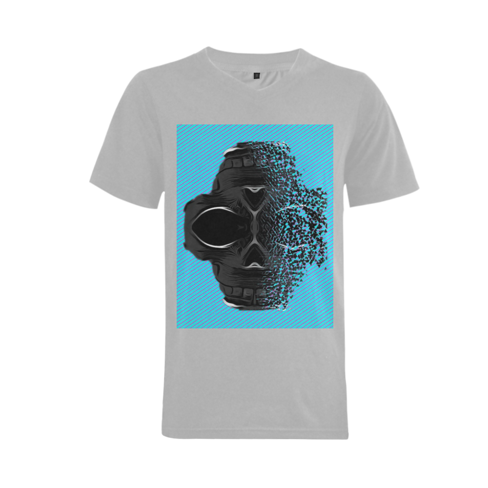 fractal black skull portrait with blue abstract background Men's V-Neck T-shirt  Big Size(USA Size) (Model T10)