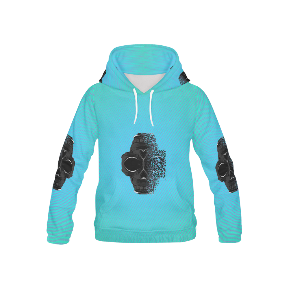 fractal black skull portrait with blue abstract background All Over Print Hoodie for Kid (USA Size) (Model H13)