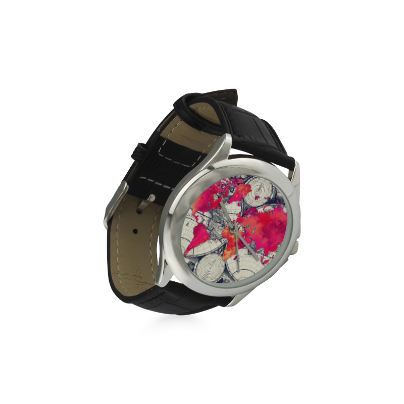 world map 28 Women's Classic Leather Strap Watch(Model 203)