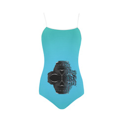 fractal black skull portrait with blue abstract background Strap Swimsuit ( Model S05)