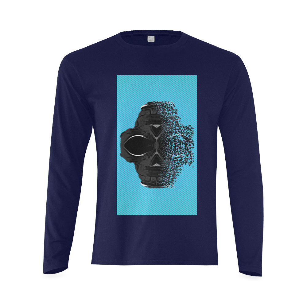 fractal black skull portrait with blue abstract background Sunny Men's T-shirt (long-sleeve) (Model T08)