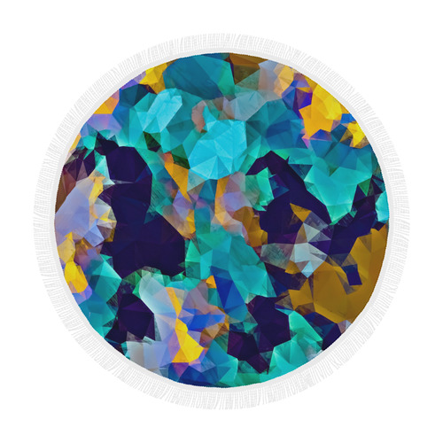 psychedelic geometric polygon abstract pattern in green blue brown yellow Circular Beach Shawl 59"x 59"