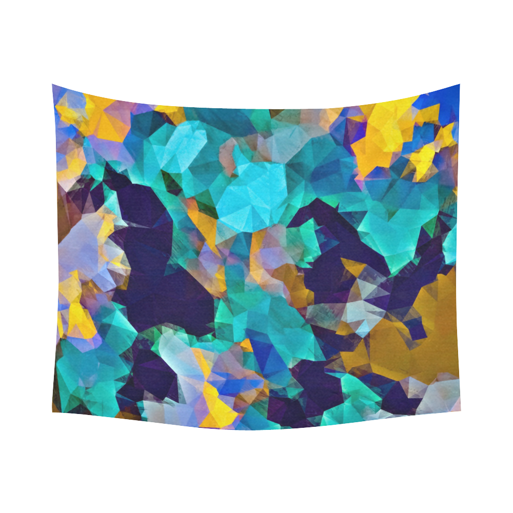 psychedelic geometric polygon abstract pattern in green blue brown yellow Cotton Linen Wall Tapestry 60"x 51"