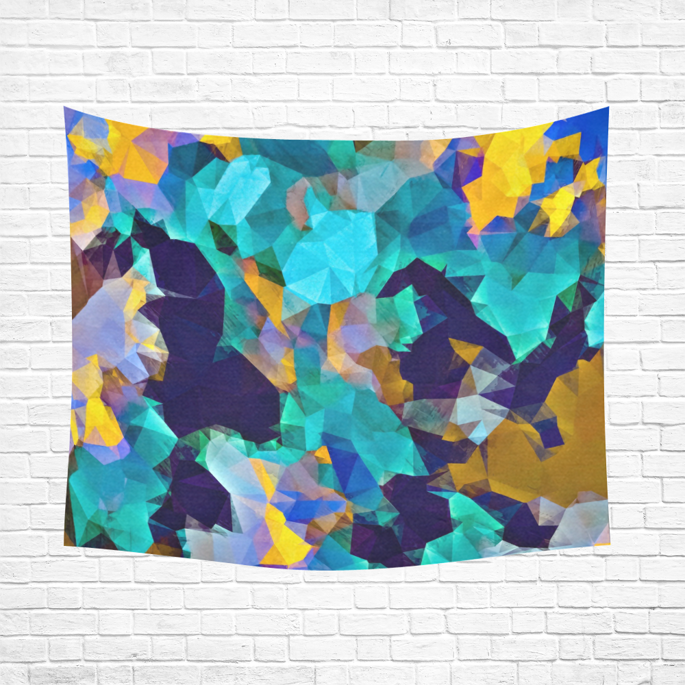 psychedelic geometric polygon abstract pattern in green blue brown yellow Cotton Linen Wall Tapestry 60"x 51"