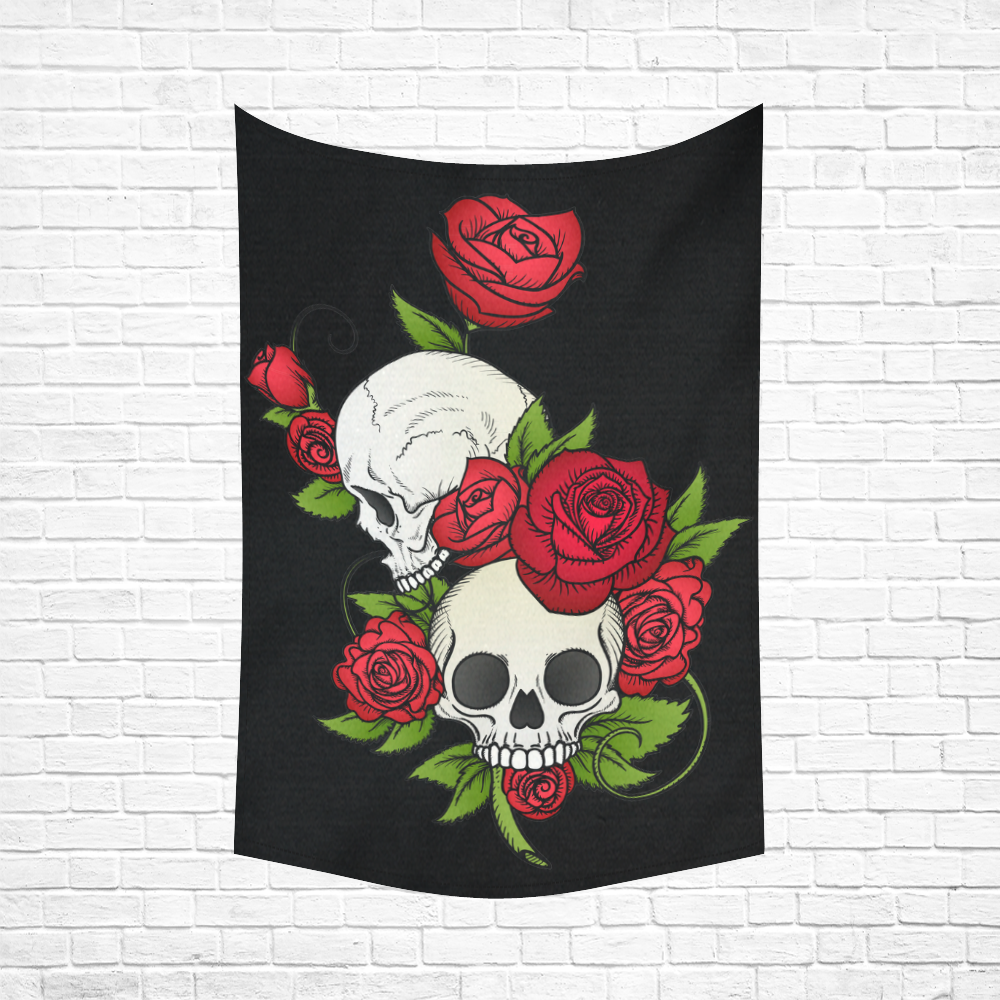 Skulls With Red Roses Cotton Linen Wall Tapestry 60"x 90"