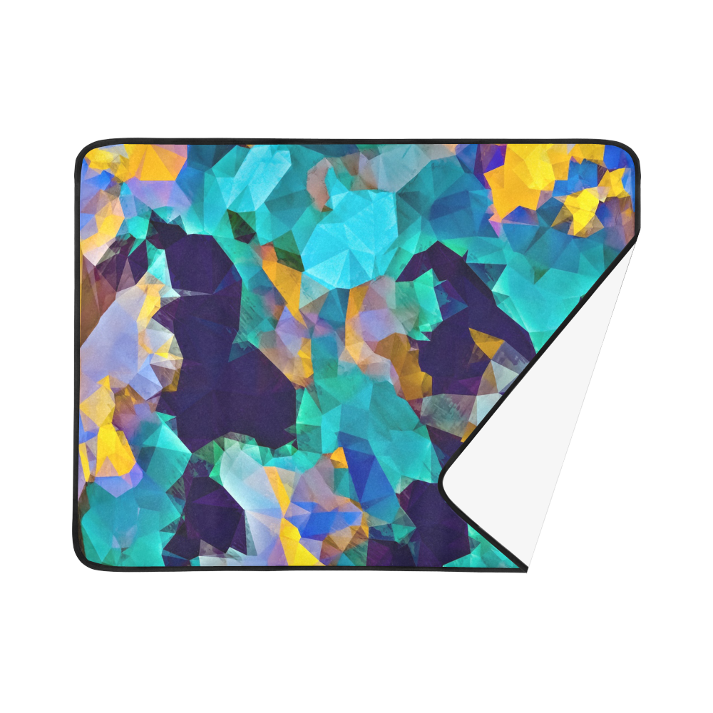 psychedelic geometric polygon abstract pattern in green blue brown yellow Beach Mat 78"x 60"