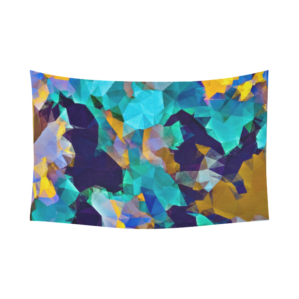 psychedelic geometric polygon abstract pattern in green blue brown yellow Cotton Linen Wall Tapestry 90"x 60"