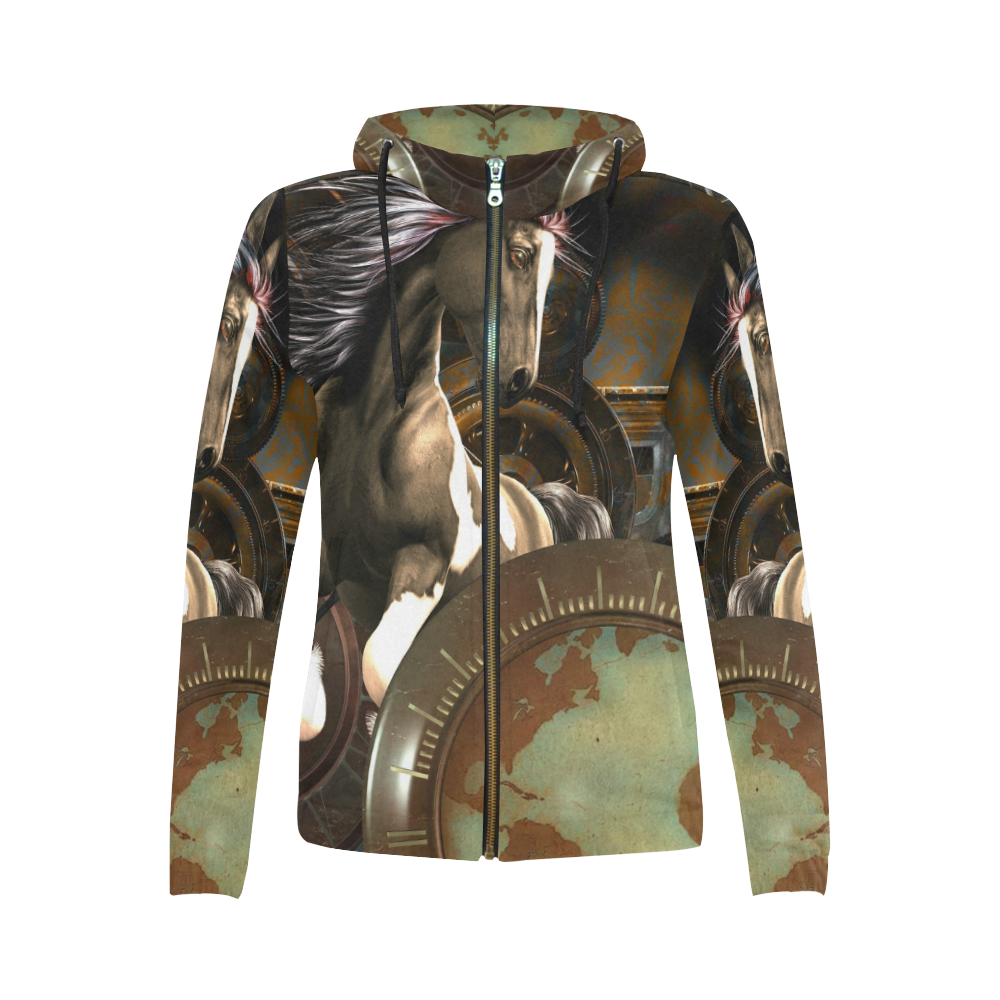 Steampunk, awesome horse with clocks and gears All Over Print Full Zip Hoodie for Women (Model H14)