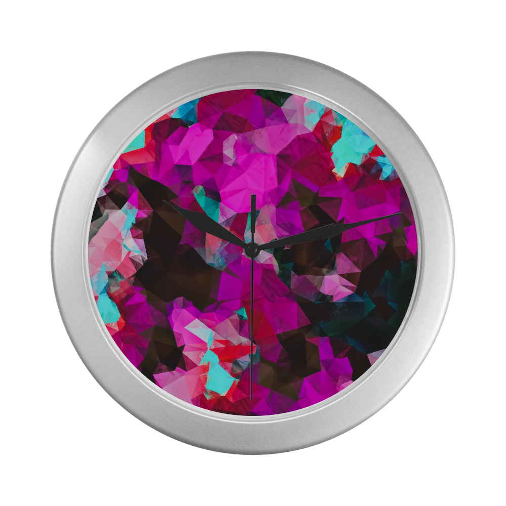 psychedelic geometric polygon abstract pattern in purple pink blue Silver Color Wall Clock