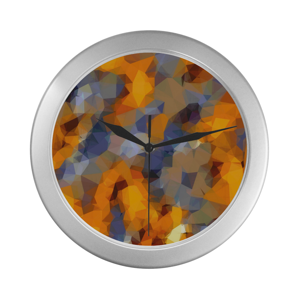 psychedelic geometric polygon abstract pattern in orange brown blue Silver Color Wall Clock
