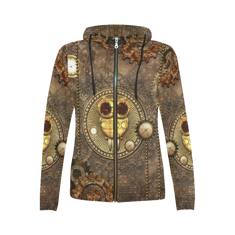 Steampunk, wonderful owl,clocks and gears All Over Print Full Zip Hoodie for Women (Model H14)
