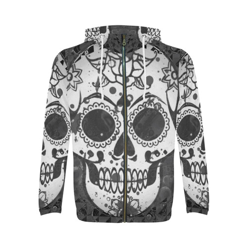 black and white Skull All Over Print Full Zip Hoodie for Men (Model H14)