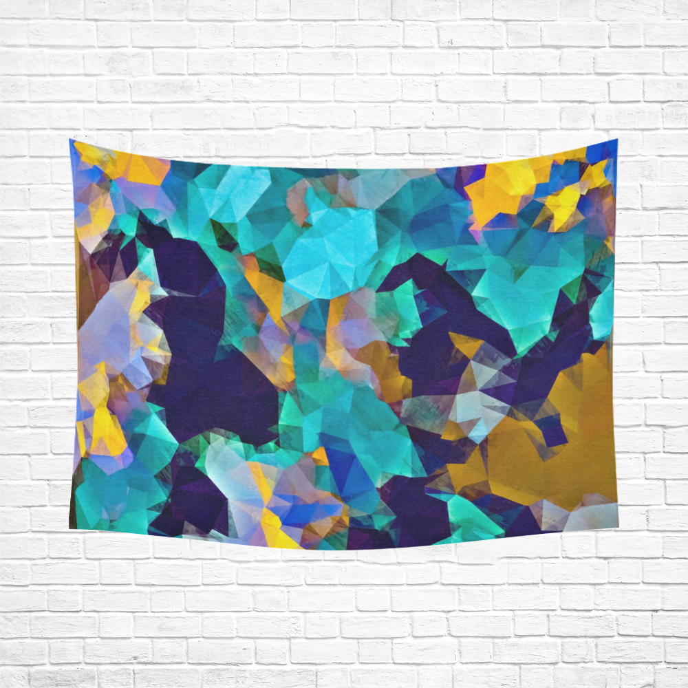 psychedelic geometric polygon abstract pattern in green blue brown yellow Cotton Linen Wall Tapestry 80"x 60"