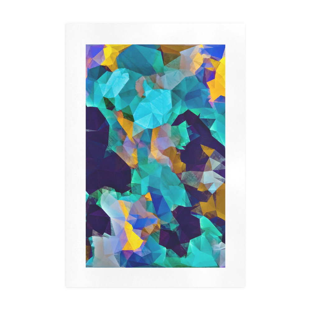 psychedelic geometric polygon abstract pattern in green blue brown yellow Art Print 19‘’x28‘’