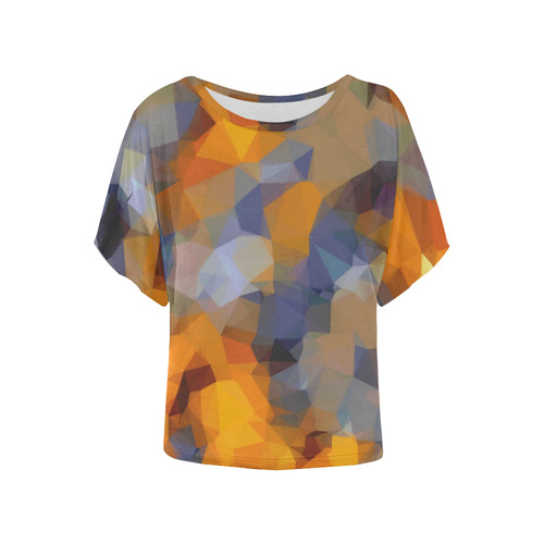 psychedelic geometric polygon abstract pattern in orange brown blue Women's Batwing-Sleeved Blouse T shirt (Model T44)