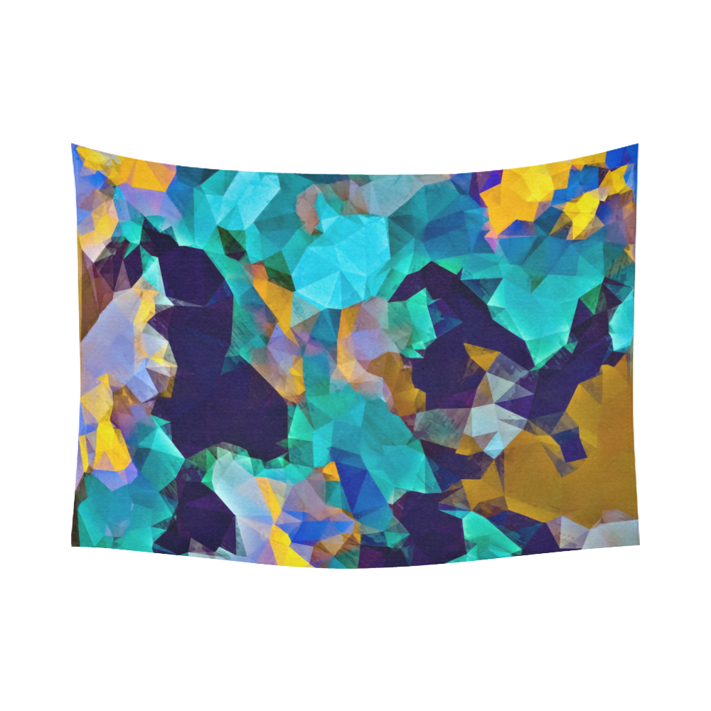 psychedelic geometric polygon abstract pattern in green blue brown yellow Cotton Linen Wall Tapestry 80"x 60"