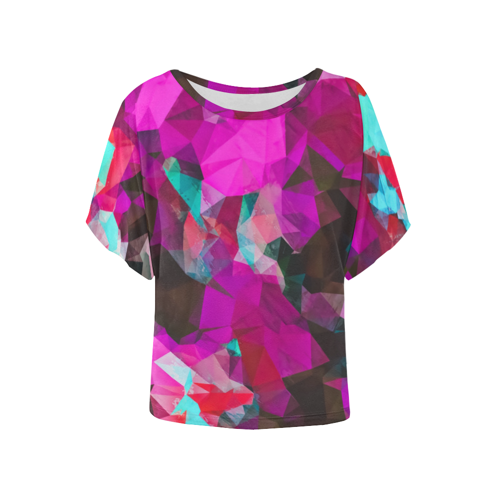 psychedelic geometric polygon abstract pattern in purple pink blue Women's Batwing-Sleeved Blouse T shirt (Model T44)