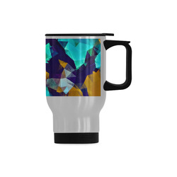 psychedelic geometric polygon abstract pattern in green blue brown yellow Travel Mug (Silver) (14 Oz)