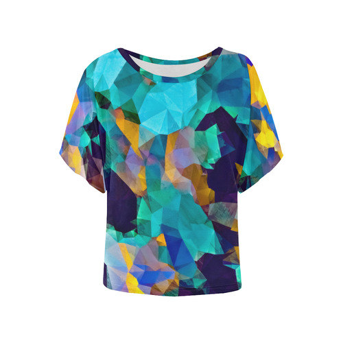 psychedelic geometric polygon abstract pattern in green blue brown yellow Women's Batwing-Sleeved Blouse T shirt (Model T44)