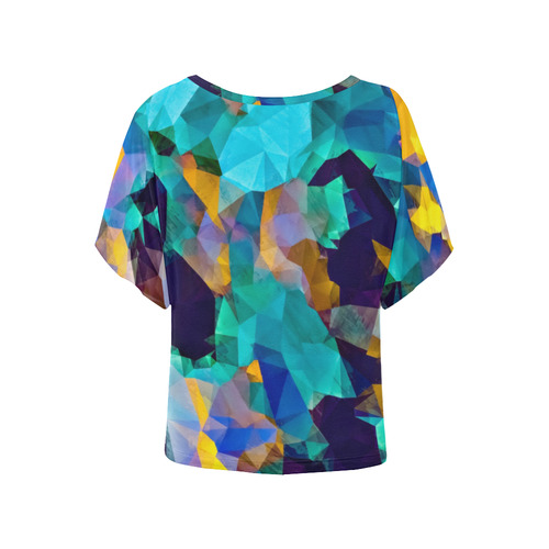 psychedelic geometric polygon abstract pattern in green blue brown yellow Women's Batwing-Sleeved Blouse T shirt (Model T44)
