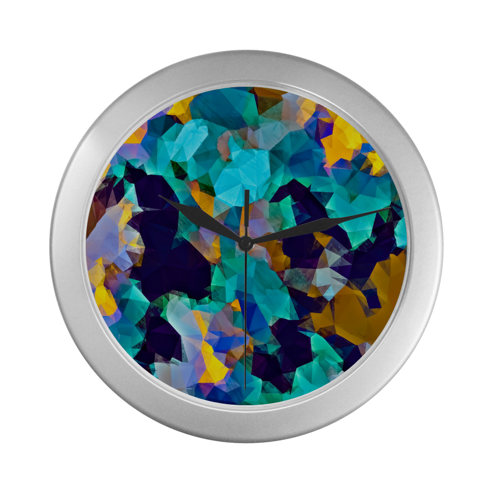 psychedelic geometric polygon abstract pattern in green blue brown yellow Silver Color Wall Clock
