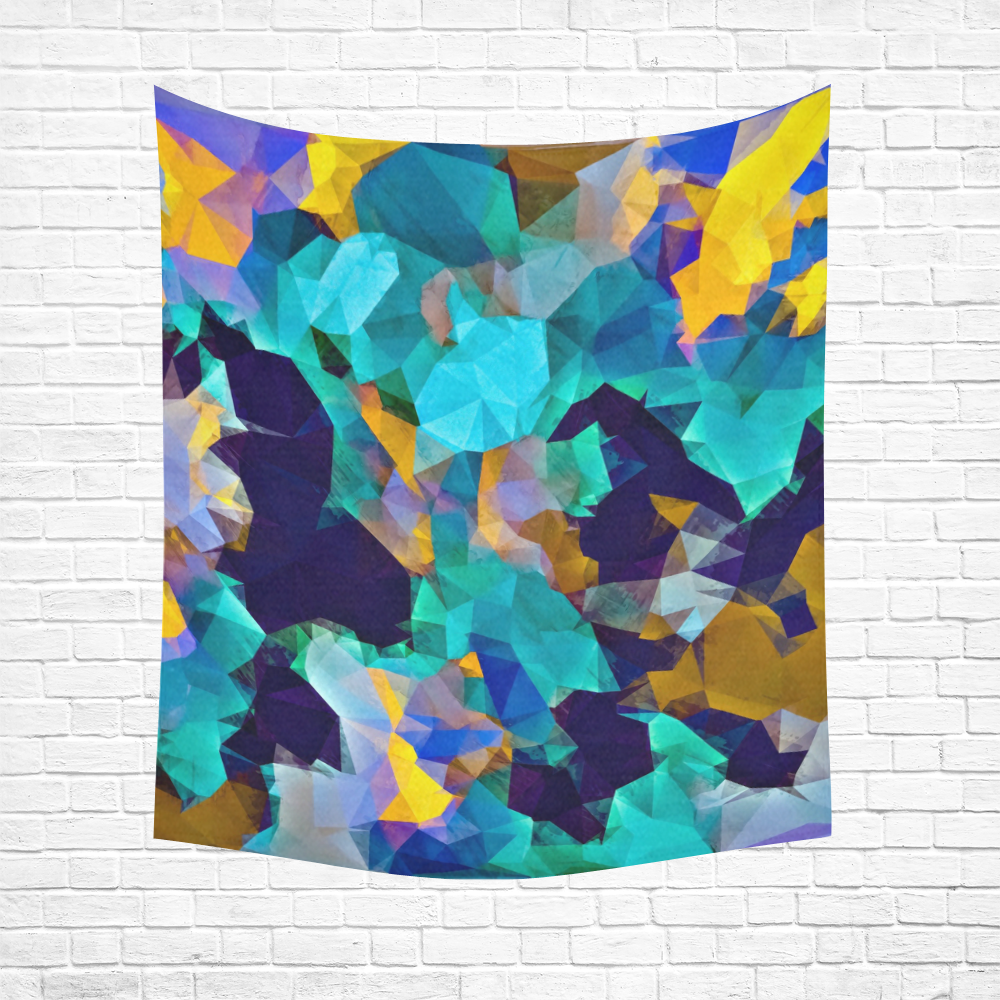 psychedelic geometric polygon abstract pattern in green blue brown yellow Cotton Linen Wall Tapestry 51"x 60"