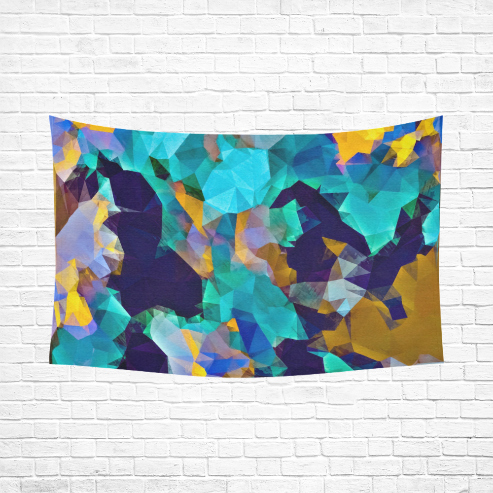 psychedelic geometric polygon abstract pattern in green blue brown yellow Cotton Linen Wall Tapestry 90"x 60"