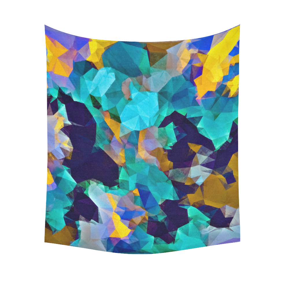 psychedelic geometric polygon abstract pattern in green blue brown yellow Cotton Linen Wall Tapestry 51"x 60"