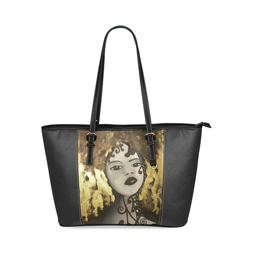 Black Gold and White Lady Leather Tote Bag/Small (Model 1640)