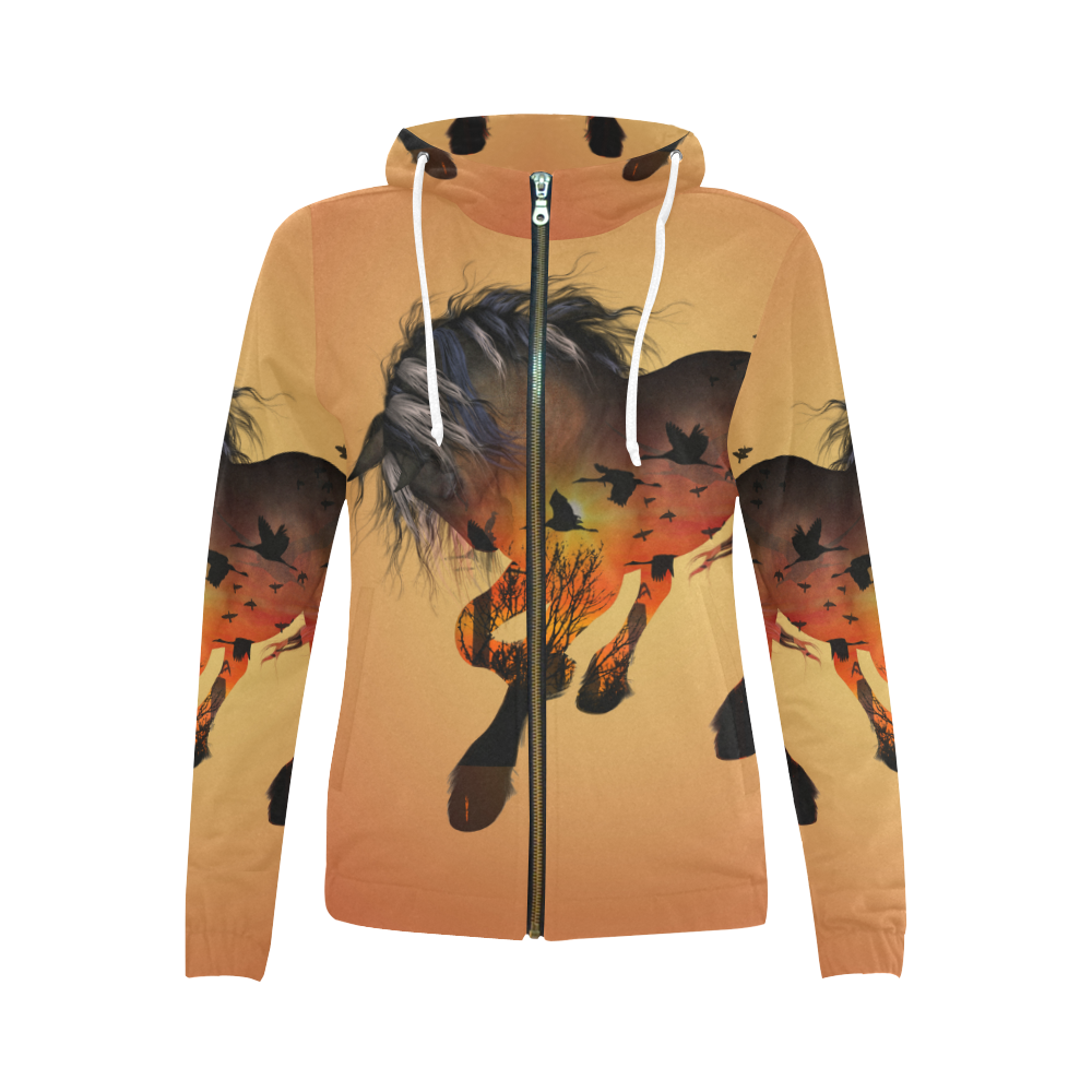 Awesome horse with birds All Over Print Full Zip Hoodie for Women (Model H14)
