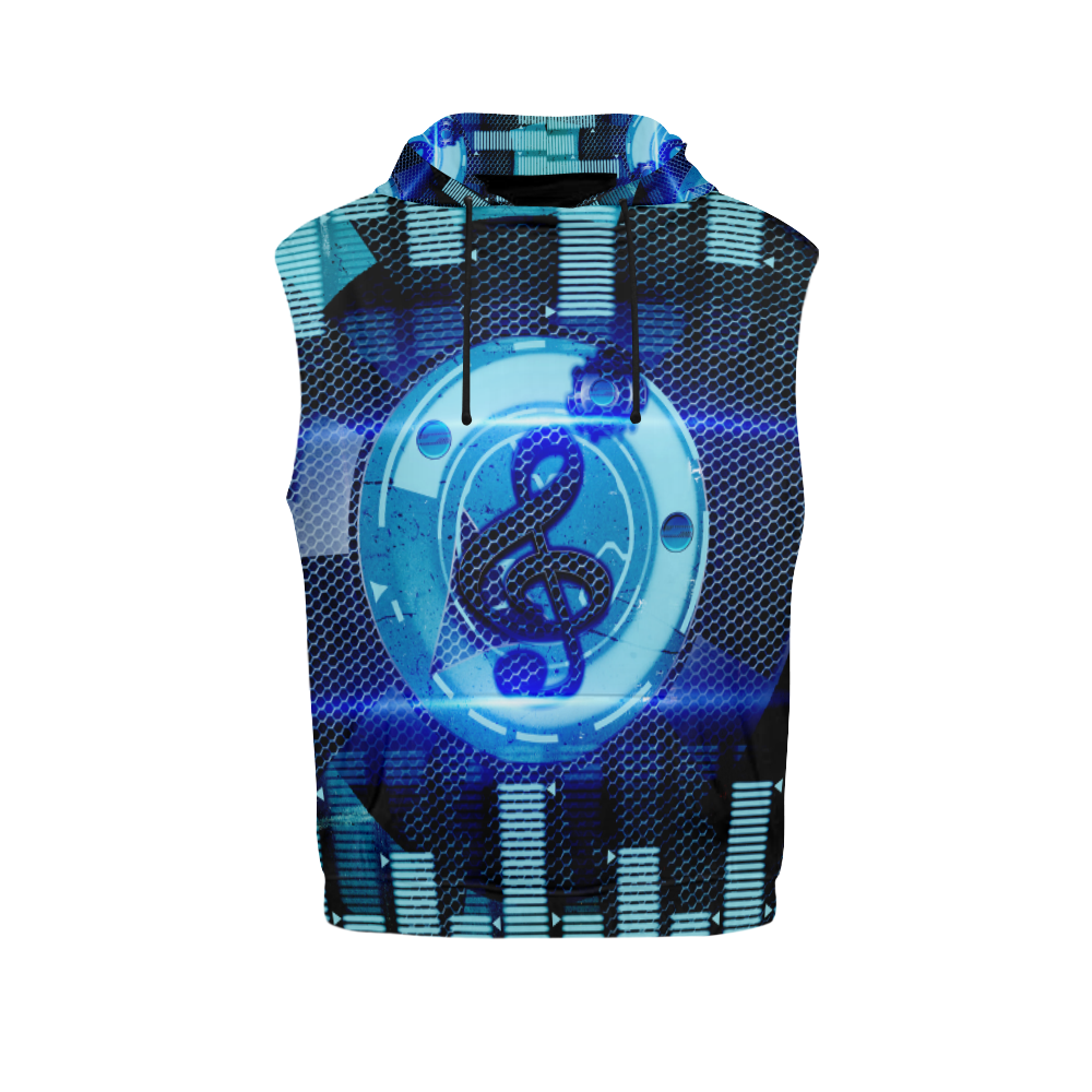 Music, clef in blue mechanical design All Over Print Sleeveless Hoodie for Women (Model H15)