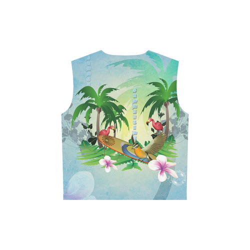 Tropical design with surfboard, palm and flamingo All Over Print Sleeveless Hoodie for Women (Model H15)