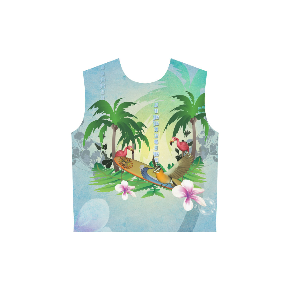 Tropical design with surfboard, palm and flamingo All Over Print Sleeveless Hoodie for Women (Model H15)