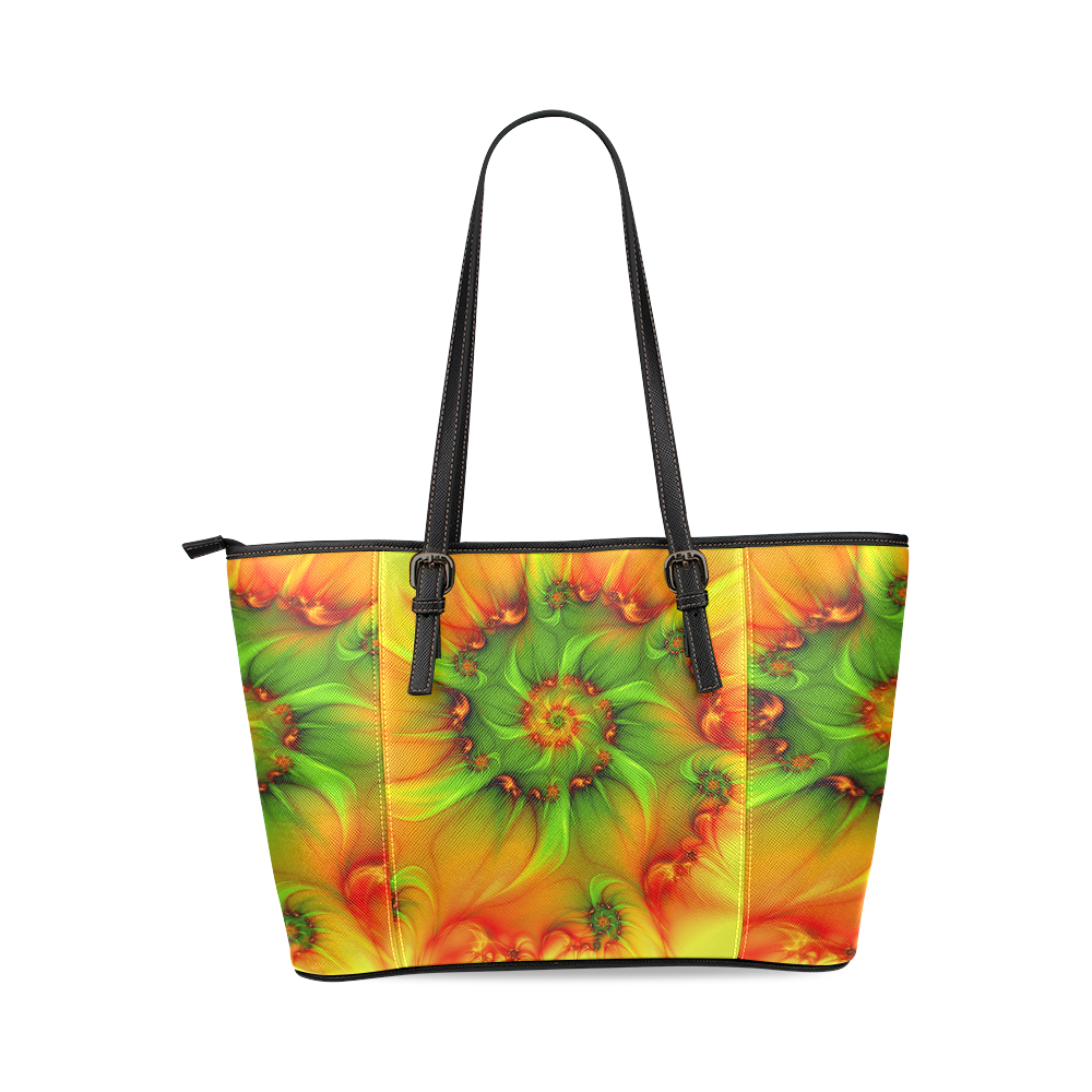 Hot Summer Green Orange Abstract Colorful Fractal Leather Tote Bag ...