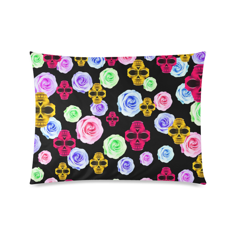skull portrait in pink and yellow with colorful rose and black background Custom Zippered Pillow Case 20"x26"(Twin Sides)