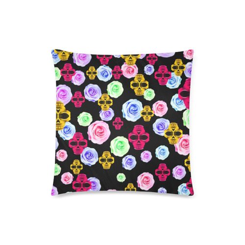 skull portrait in pink and yellow with colorful rose and black background Custom Zippered Pillow Case 18"x18" (one side)