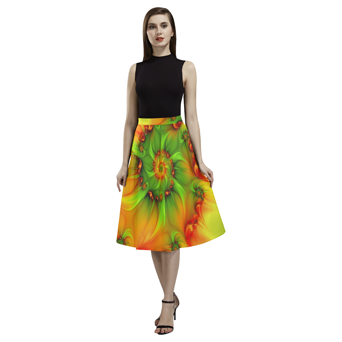 Hot Summer Green Orange Abstract Colorful Fractal Aoede Crepe Skirt (Model D16)